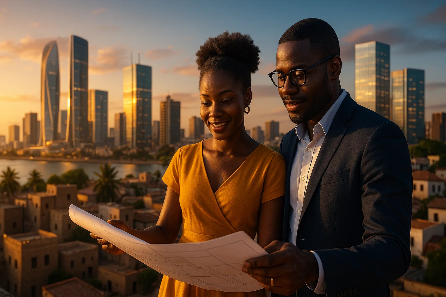 Professionnels de l'immobilier examinant des plans avec vue sur la ville